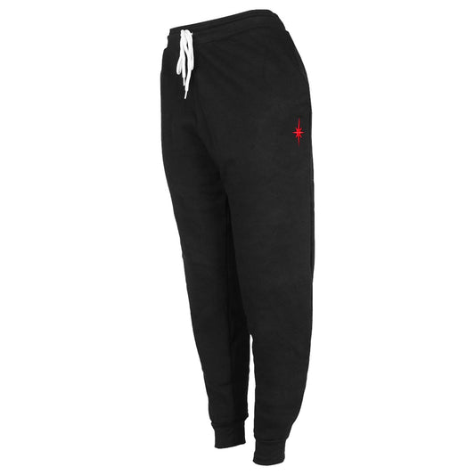 Black Stella Artois joggers with white drawstring and red Stella star on front left of pants