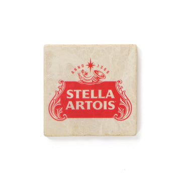 Cream colored square stone coaster with the one color red stella artois cartouche logo