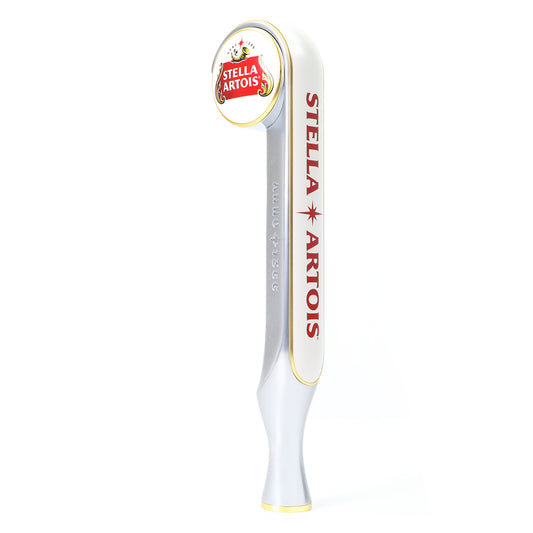 Stella Artois Tap handle. Primary colors are silver white and red.