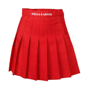red stella artois tennis skirt with stella artois in white on the band of skirt