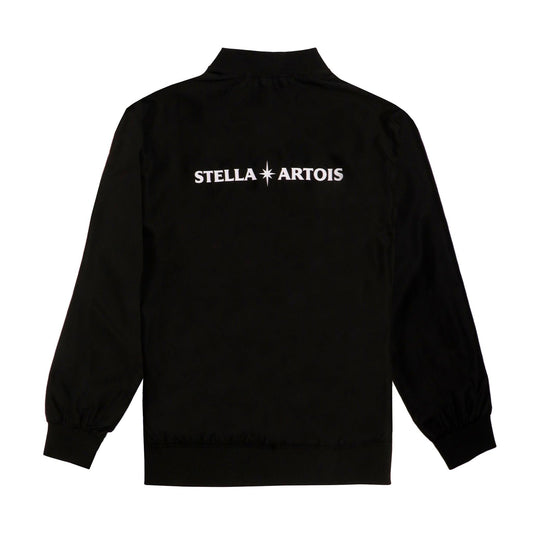back of bomber jacket that reads Stella Artois