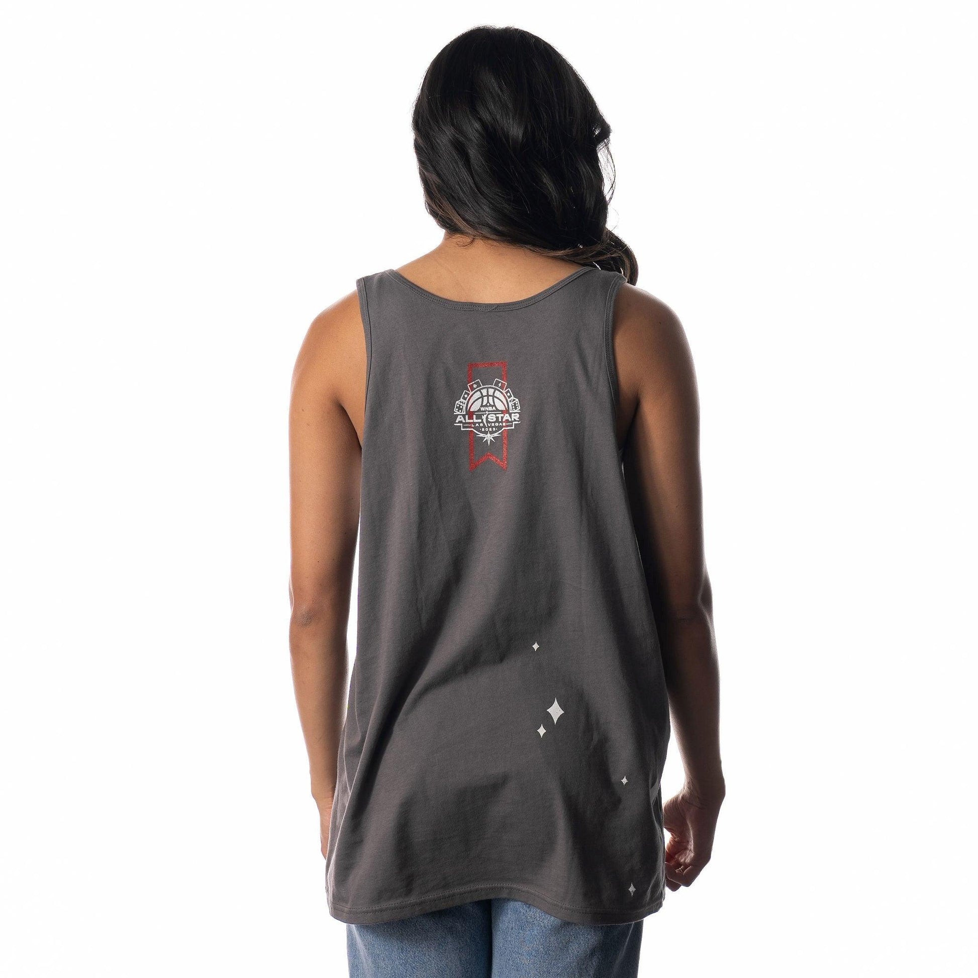 Female model wearing ULTRA All-Star tank (back view)