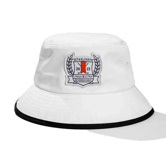 White bucket hat with Michelob ULTRA Devereaux Golf patch on front panel, black rim going around hat.