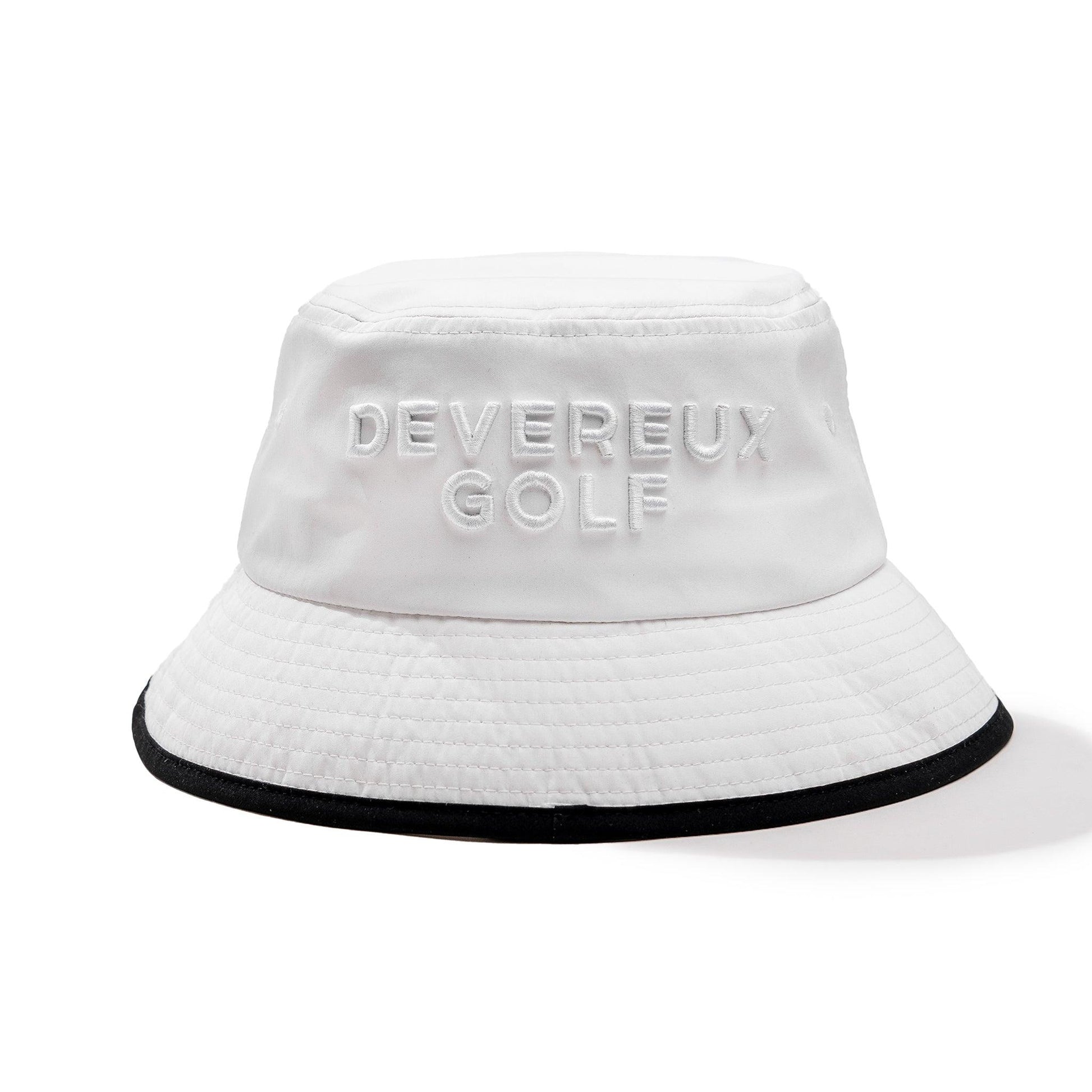 Back of white bucket hat with 3D white embroidery that reads Devereaux Golf
