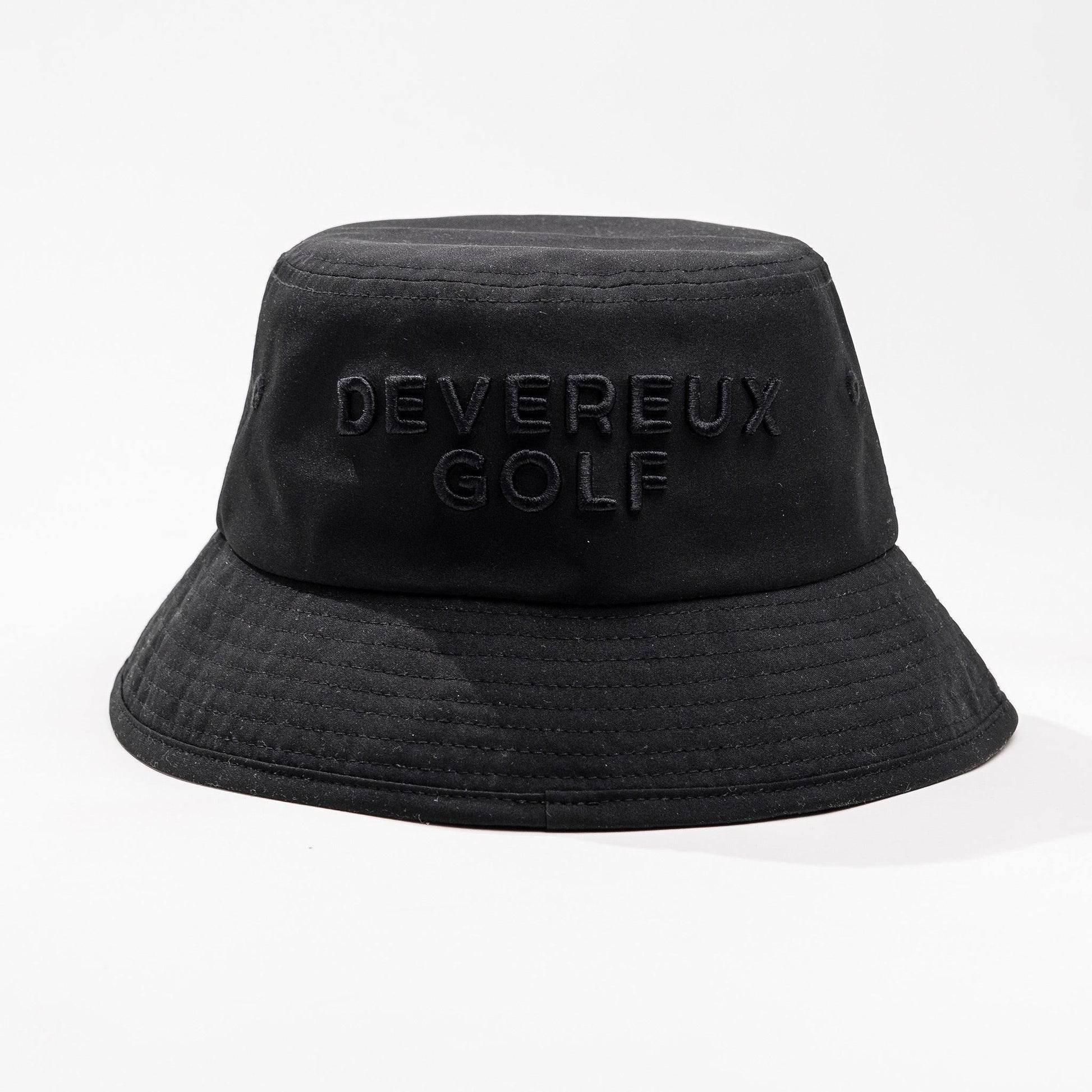 Back of black bucket hat with 3D embroidery in black that reads Devereaux Golf