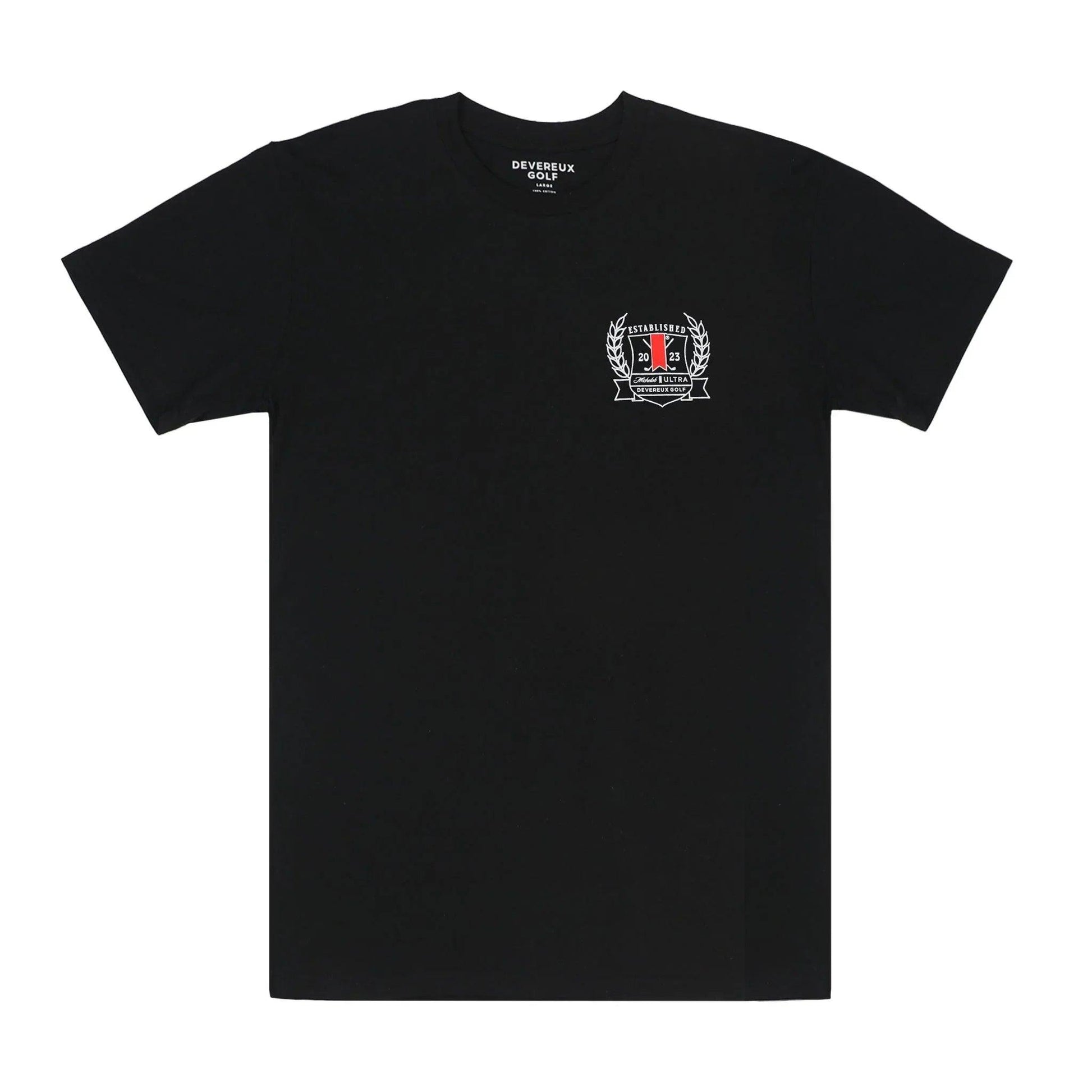 Front view of black shirt with crest logo on the front left chest.