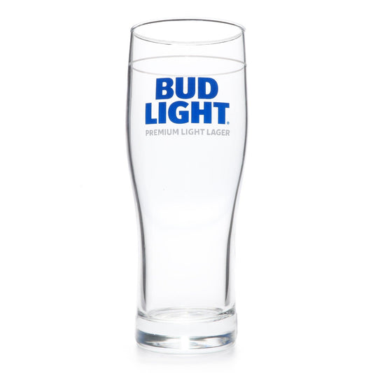 Bud Light 16 oz glass with Bud Light stacked logo with Premium Light Lager under the logo