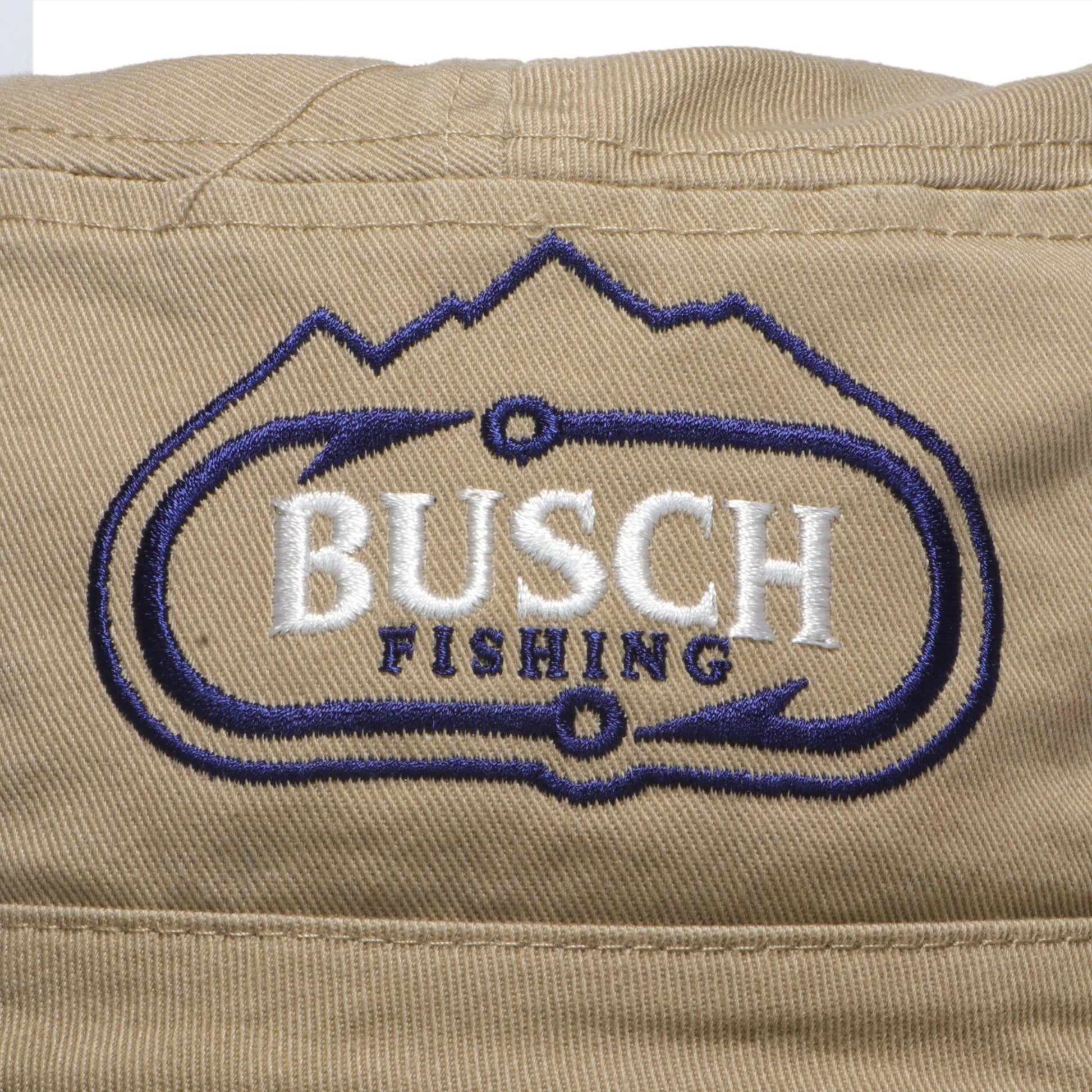 close up of embroidered Busch Fishing with hook logo