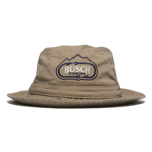 Busch Fishing tan Bucket hat with Busch Fishing with two hooks around the logo