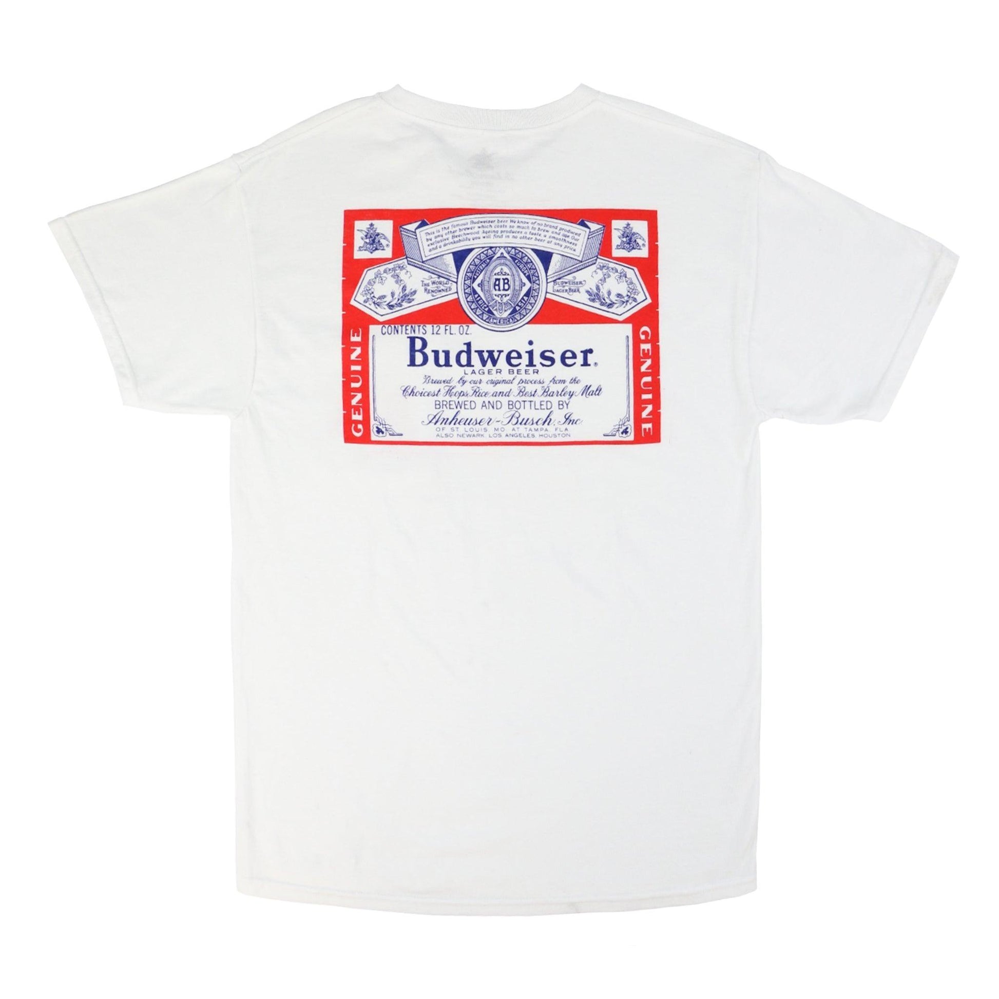 white budweiser label mens pocket t shirt with budweiser label on the back