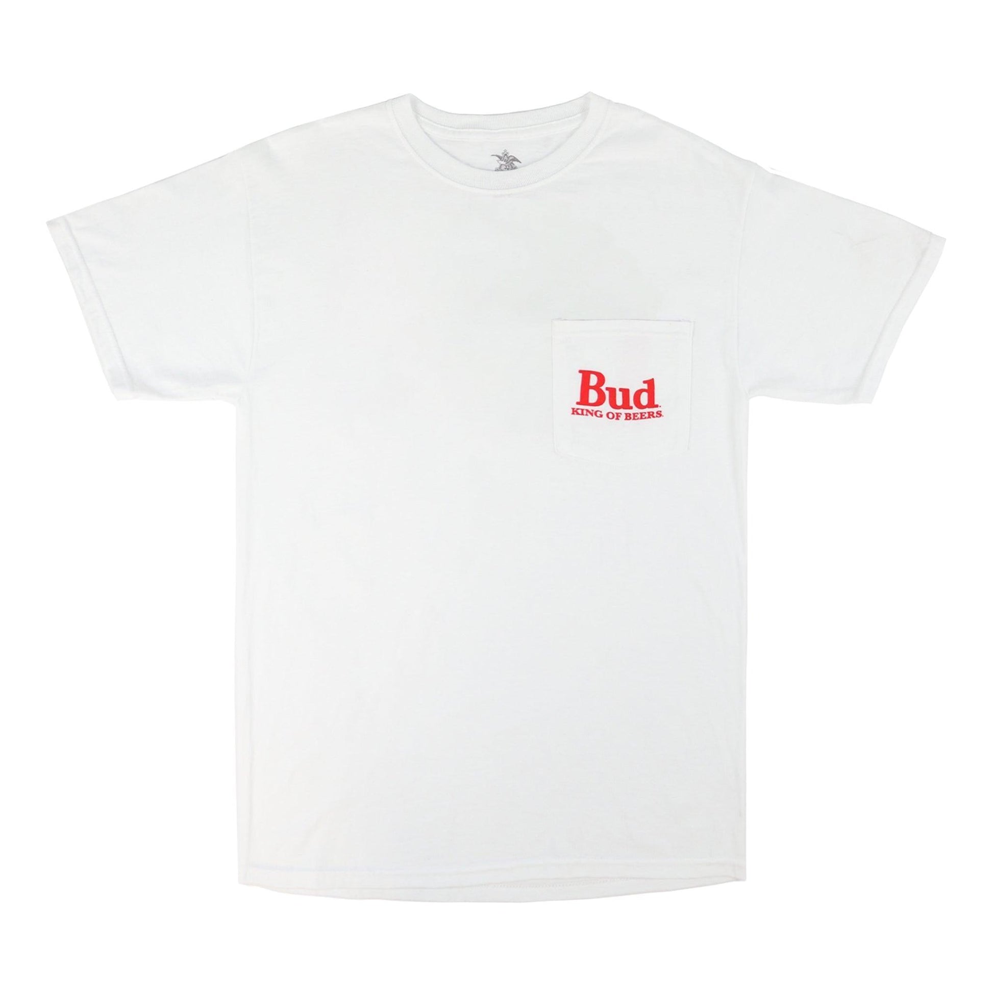 white budweiser label mens pocket t shirt with budweiser label on the back