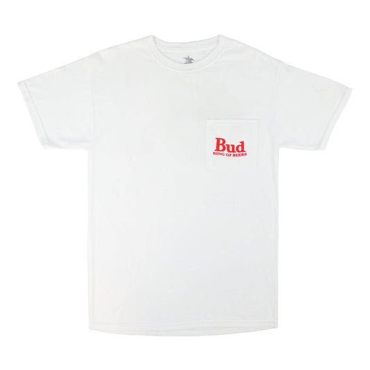 white budweiser label mens pocket t shirt with budweiser label on the back