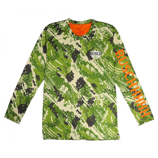 green camo long sleeve t shirt with buschhhhh in orange on left sleeve
