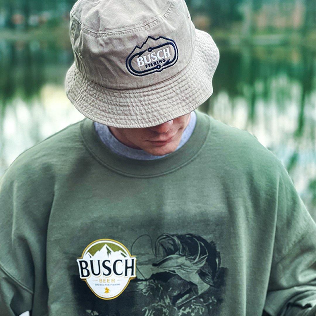 busch fishing bucket hat in tan with busch logo centered in white and navy