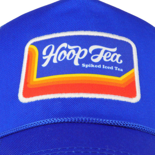 Close up of Hoop Tea patch on front panel of hat