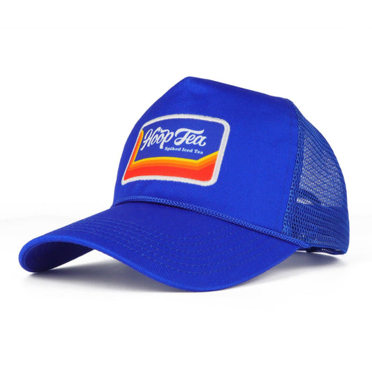 Blue rope trucker hat with Hoop Tea patch on front panel of hat